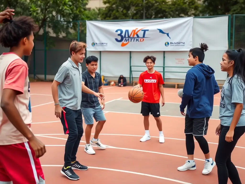 A group of young people participating in a basketball clinic, focused on teamwork and skill development, with the 3MTKD logo subtly visible in the background.