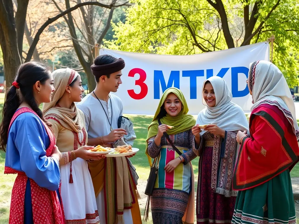 A diverse group of young people participating in a cultural exchange event, sharing traditions and building friendships, with the 3MTKD banner displayed in the background.