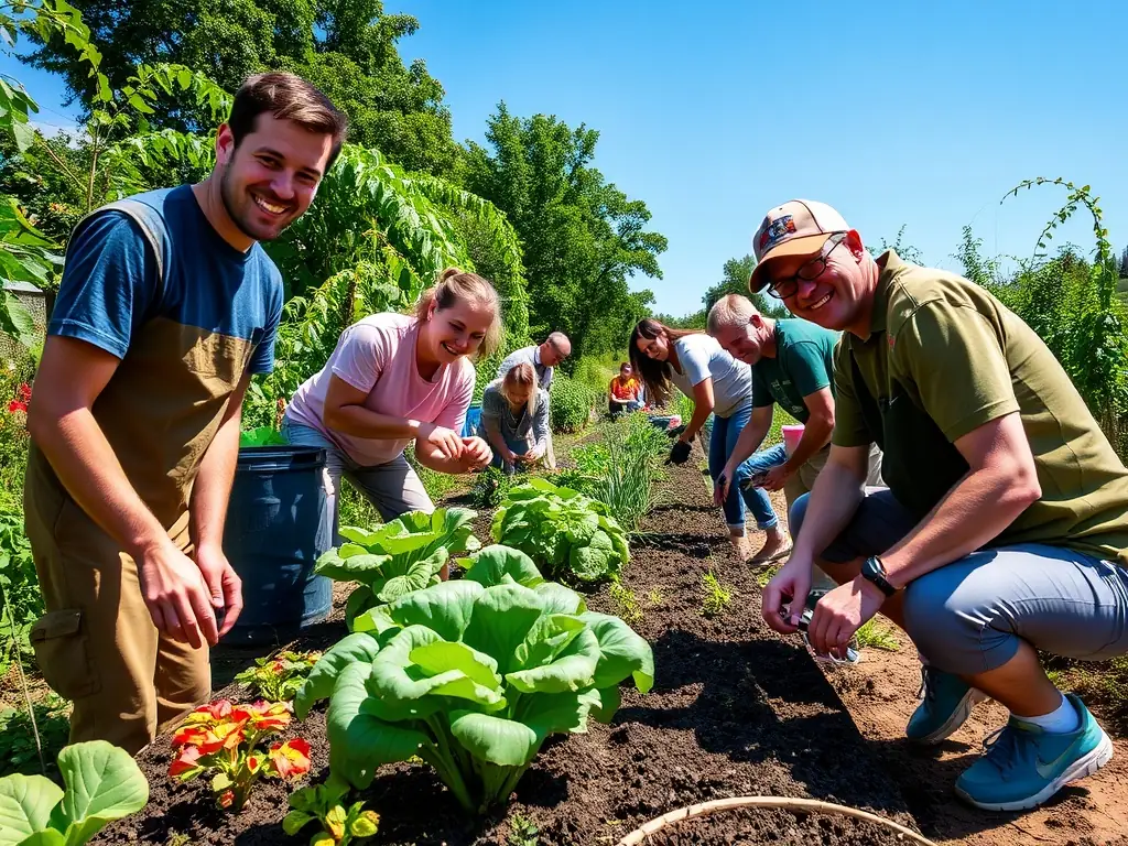 A photo of young people volunteering in a community garden, planting vegetables and learning about sustainable living, with the 3MTKD team leader guiding them.