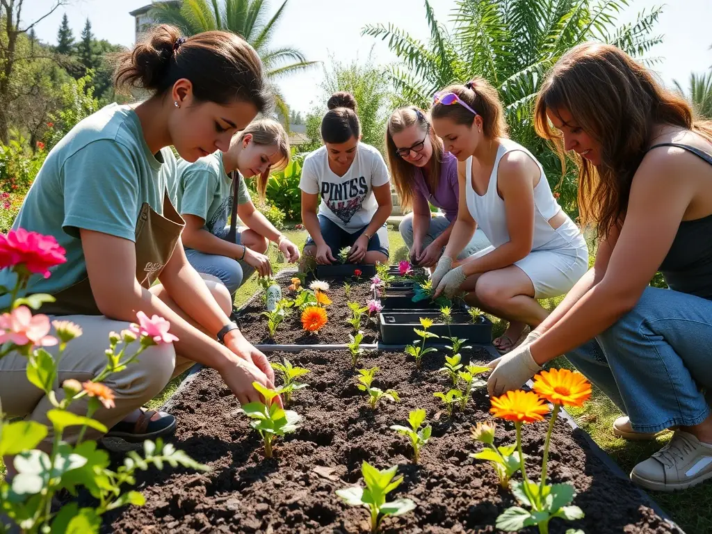 A group of young volunteers assisting in a community garden, planting vegetables and flowers. The image represents 3MTKD's commitment to community engagement and sustainable development.