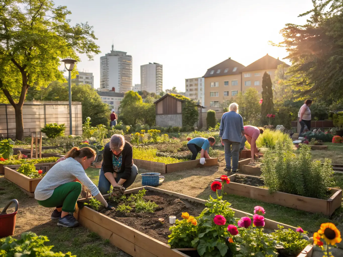 An image showing residents of LE CLUB DES SIX engaged in a gardening activity, planting flowers and vegetables in a raised garden bed. The scene highlights the therapeutic and community-building aspects of outdoor activities.