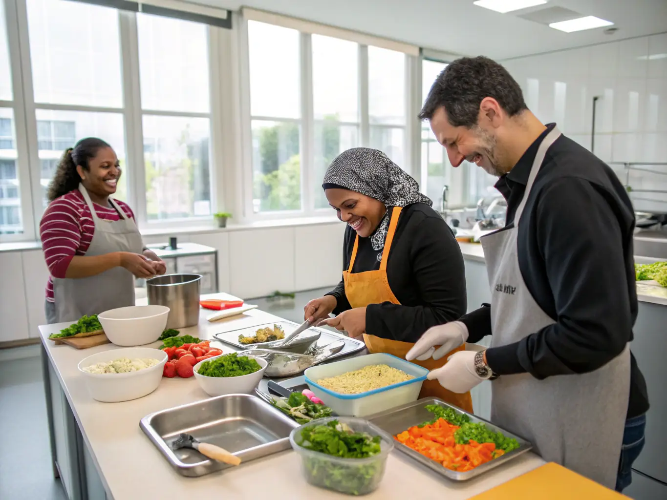 A photograph depicting a group of residents participating in a cooking class in a shared kitchen, showcasing the community engagement aspect of LE CLUB DES SIX's programs. The scene is warm and inviting, emphasizing the social interaction and skill-building involved.