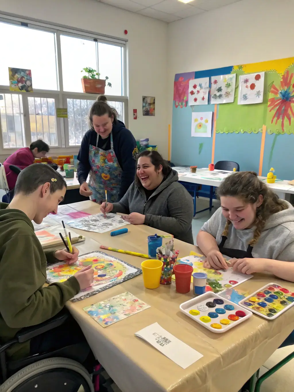 Residents engaging in a group art therapy session, promoting emotional expression and social interaction.