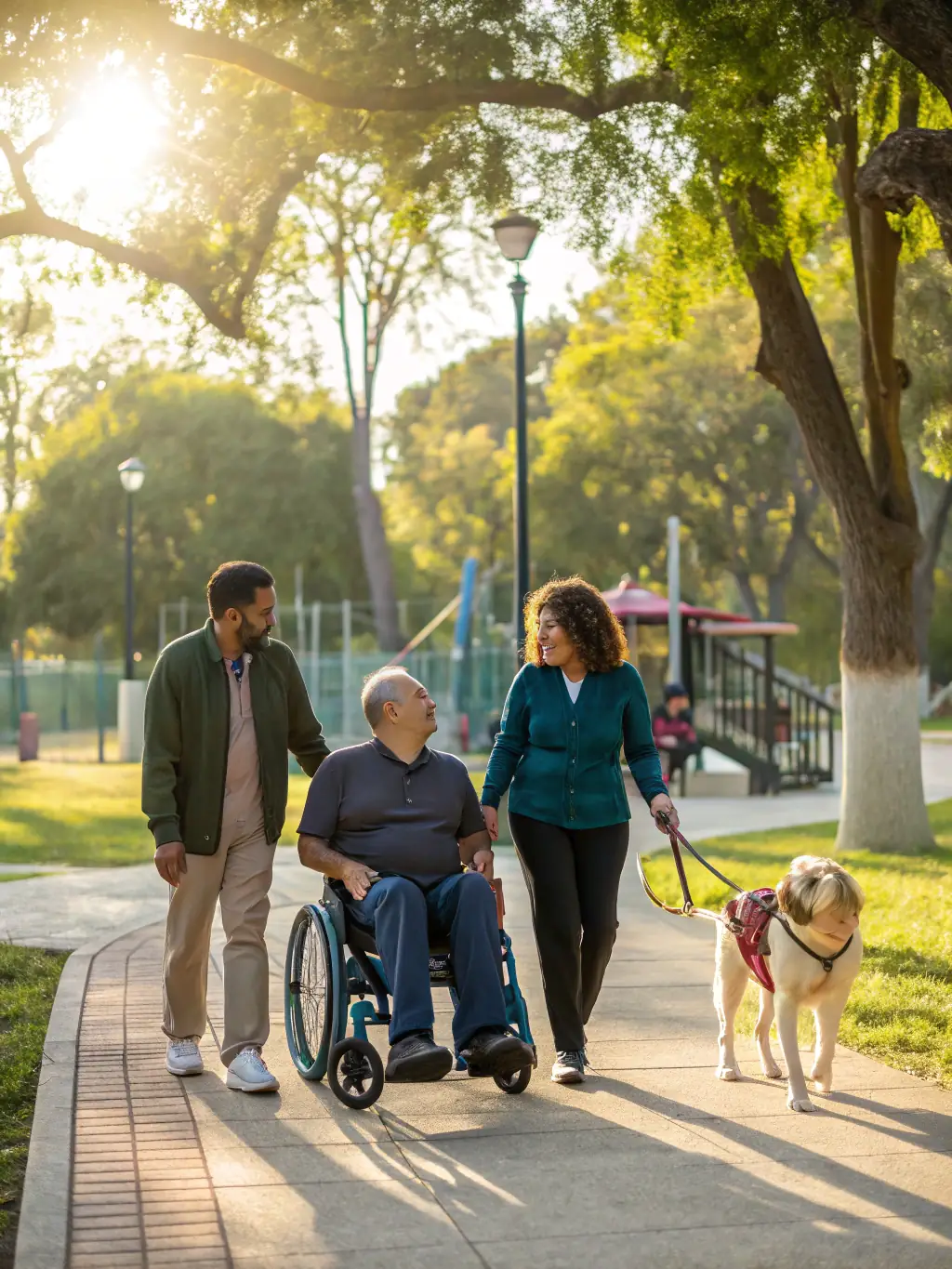 A scene from a community outing, showing residents enjoying a local park or cultural event, highlighting social inclusion.