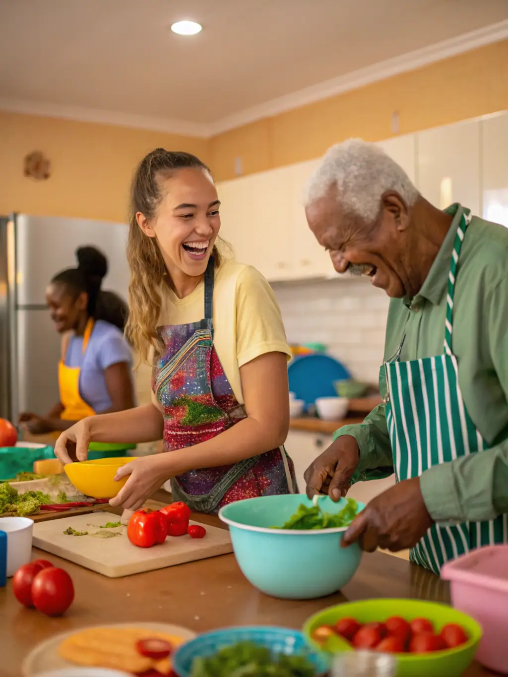 A group of residents participating in a cooking class in a shared kitchen, emphasizing the development of independent living skills.