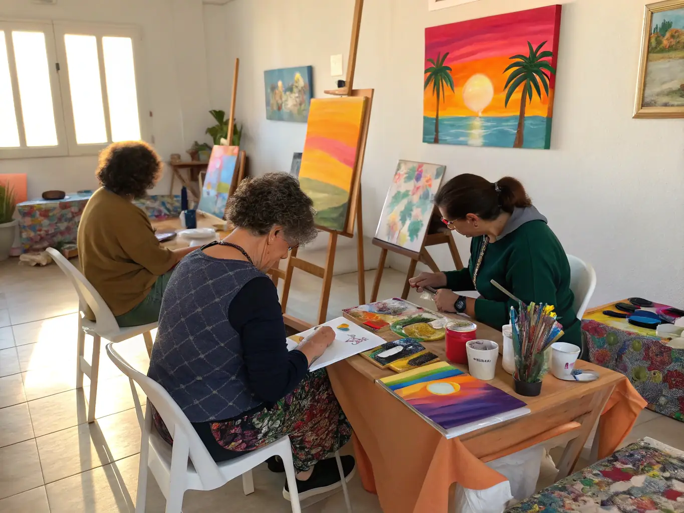 A photograph of residents participating in an arts and crafts session, creating colorful paintings and handmade items. The image captures the creativity and self-expression fostered through LE CLUB DES SIX's arts programs.